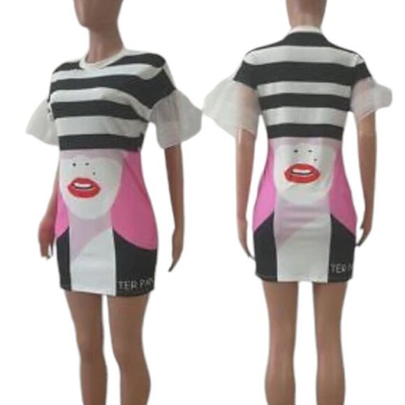 Bold Flutter Sleeve Stripe Red Sequin Lips Club Dress, Large - Picture 10 of 12